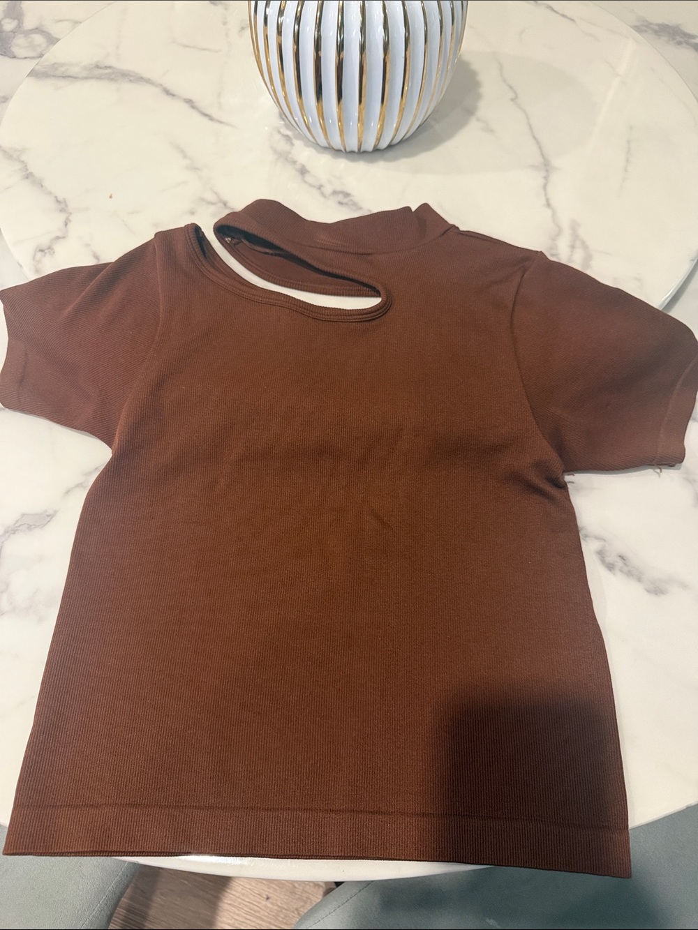 Brown Short-Sleeve Cutout Neck Blouse